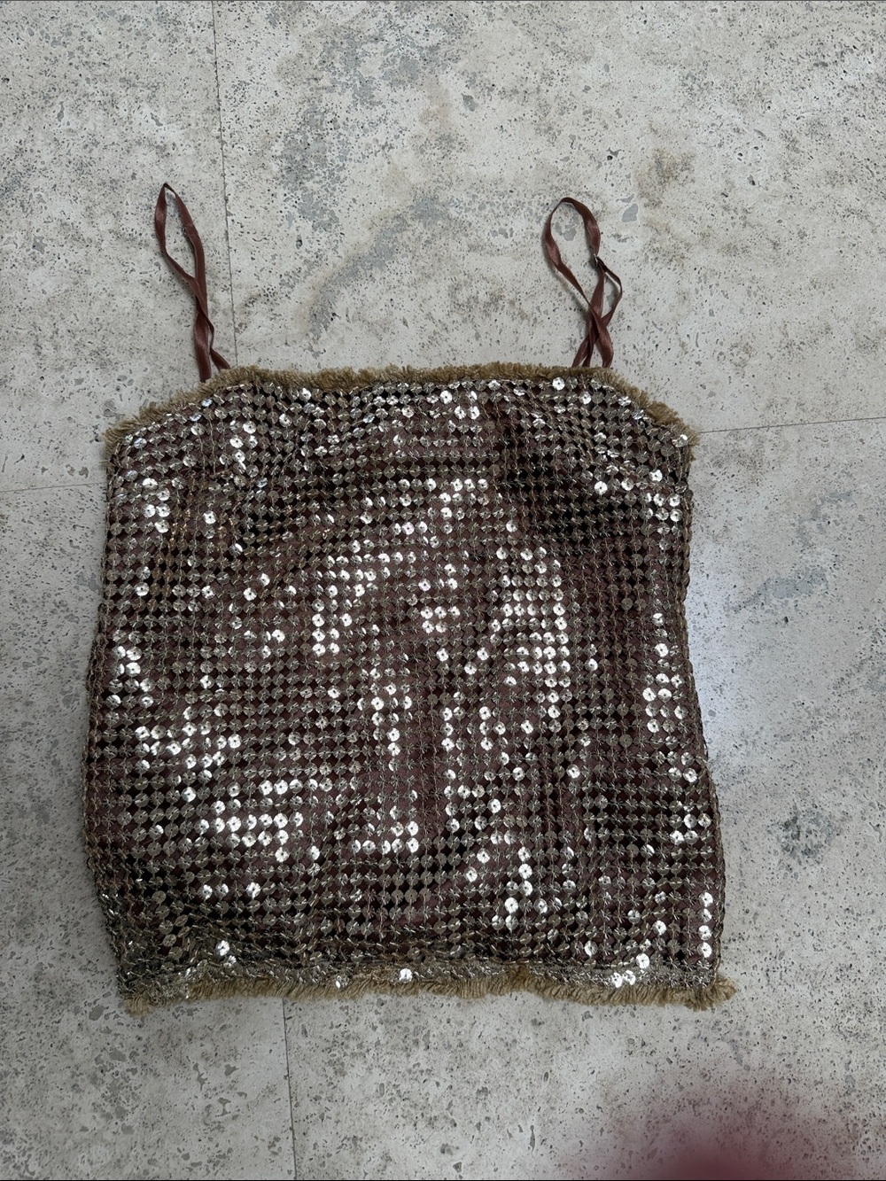 Sequin Mesh Spaghetti Strap Tank Top - Bronze Brown